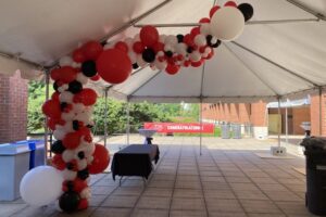 Red, white and black balloon garland