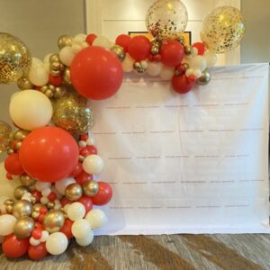 Large gold, red and white balloon backdrop