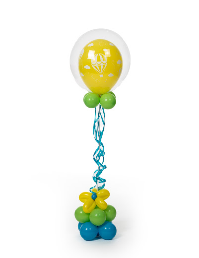 Yellow, gree and blue balloon tower